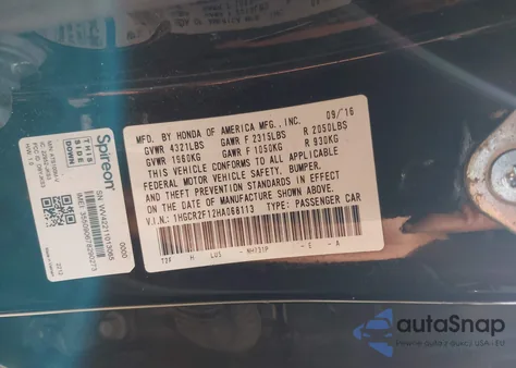 2017 Honda Accord Sport Se from USA, damaged, VIN 1HGCR2F12HA068113